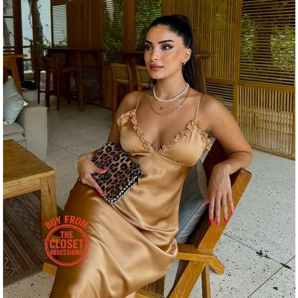 ZARA Satin Effect Slip Midi Dress NWT | Gold Ochre | Adjustable Straps - Picture 12 of 16